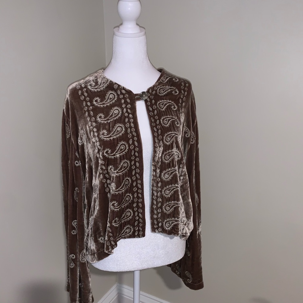 NWT folk bell sleeve velvet embroidered artwear taupe cardigan